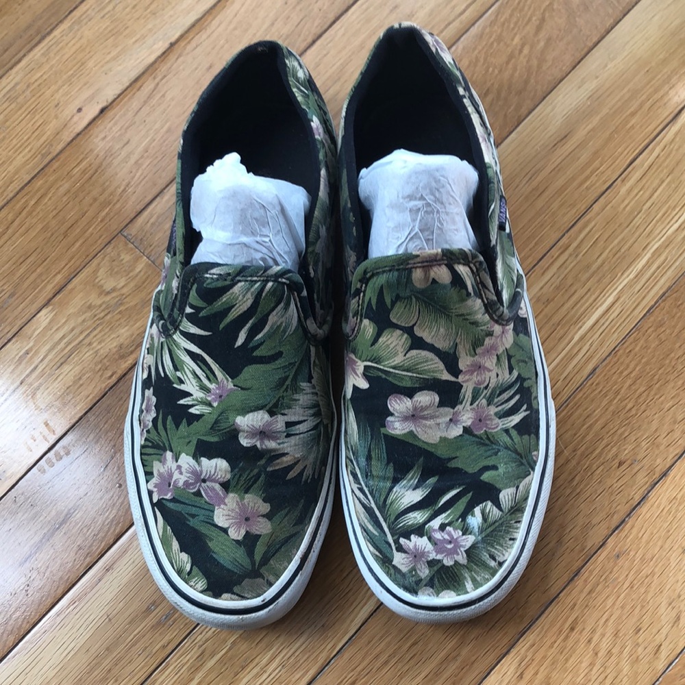 Vans Green and Purple Floral Slip-On Sneakers